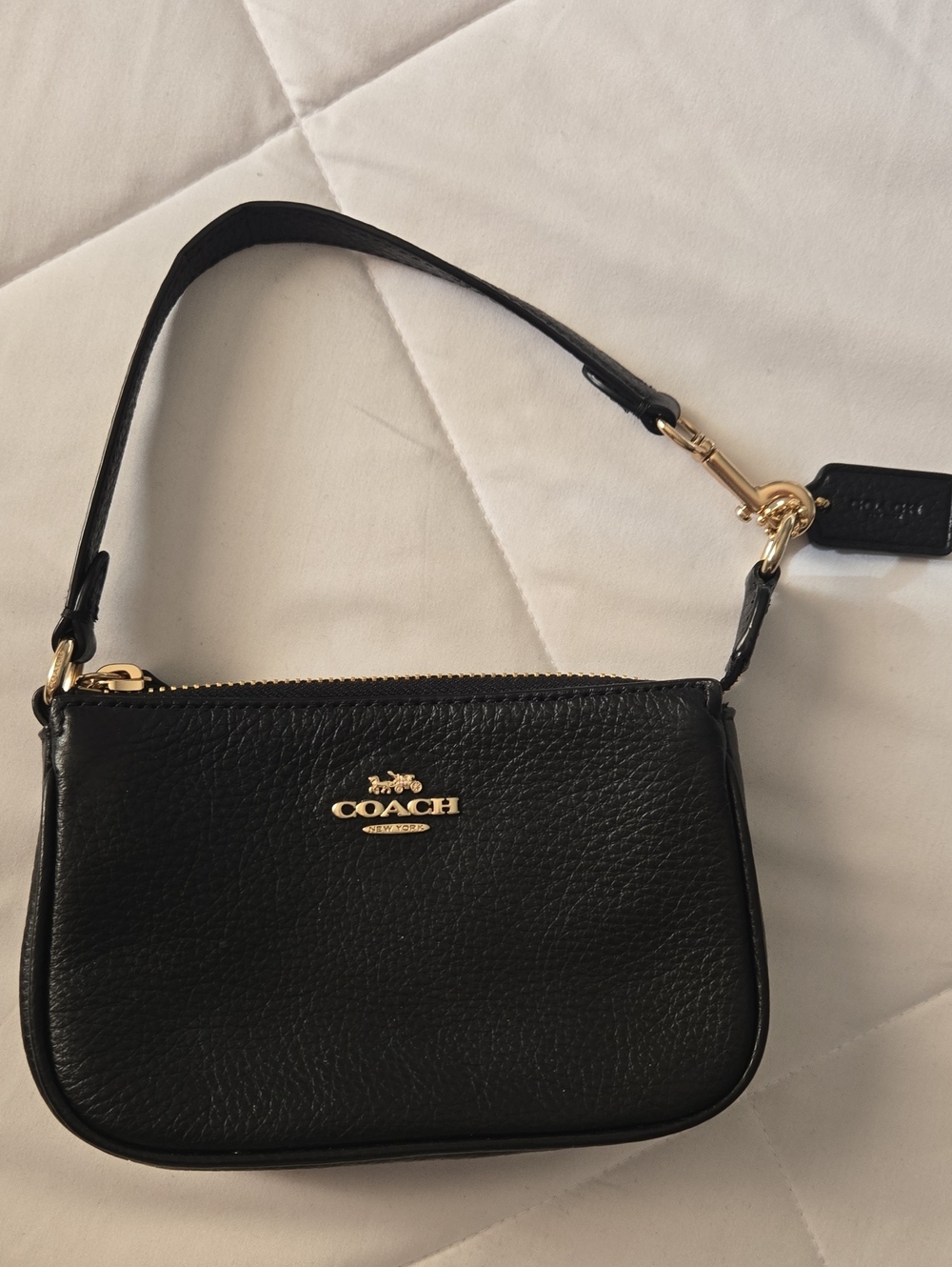 Coach Black Pebbled Leather Wristlet with Gold Logo